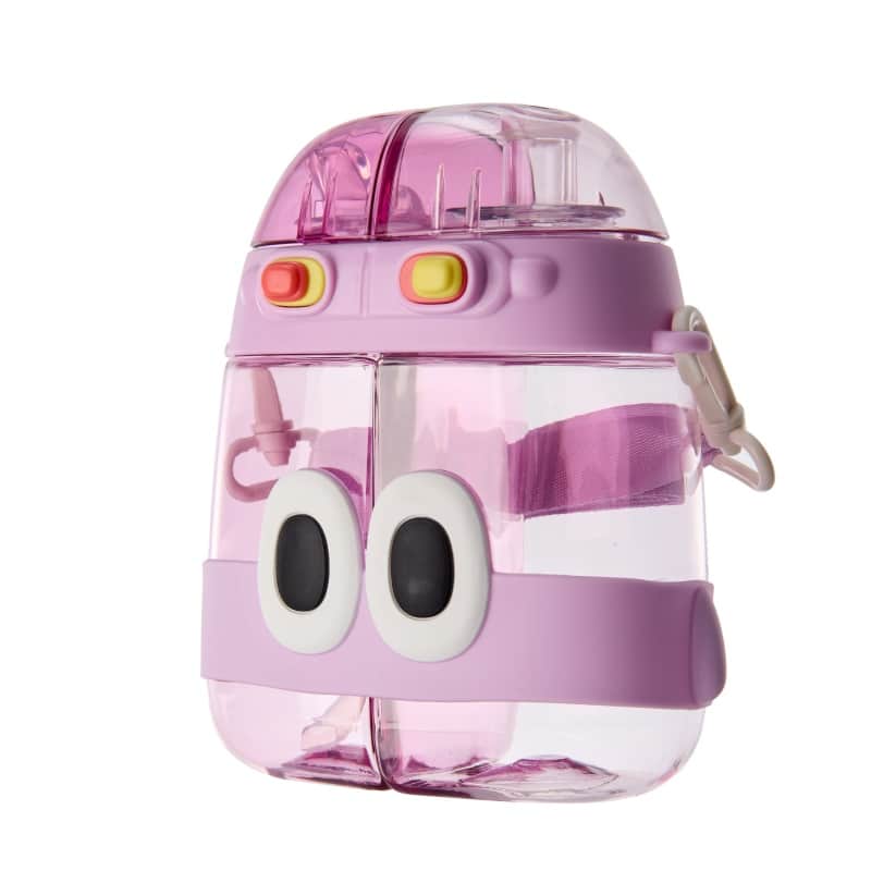 Seliya 800ml kids water bottle in pink with cartoon eyes and side clip