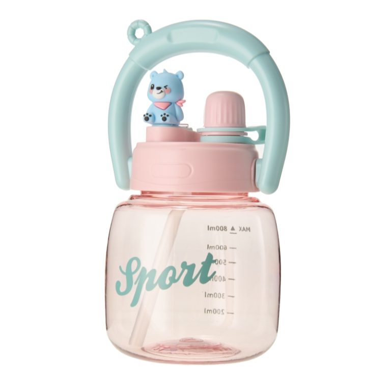 Seliya 850ml kids bottle in pink with bear topper and blue handle