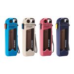 Four Seliya 350ml compact bottles in blue, beige, pink and navy