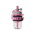 Seliya 500ml kids water bottle in pink with straw lid and SUMMER sleeve