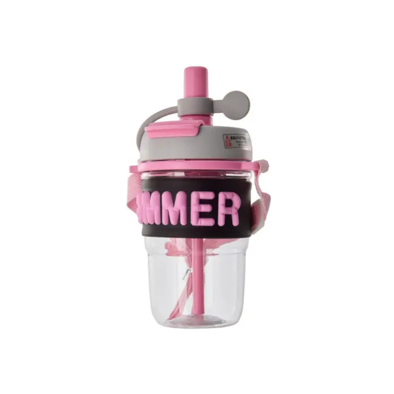 Seliya 500ml kids water bottle in pink with straw lid and SUMMER sleeve
