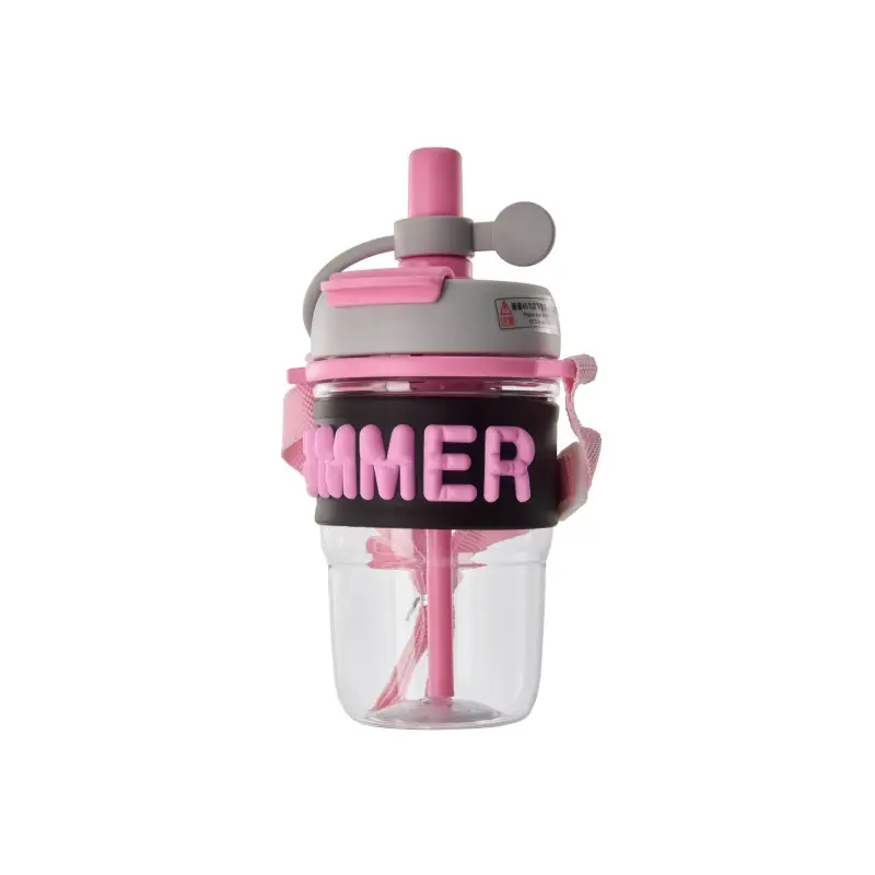 Seliya 500ml kids water bottle in pink with straw lid and SUMMER sleeve