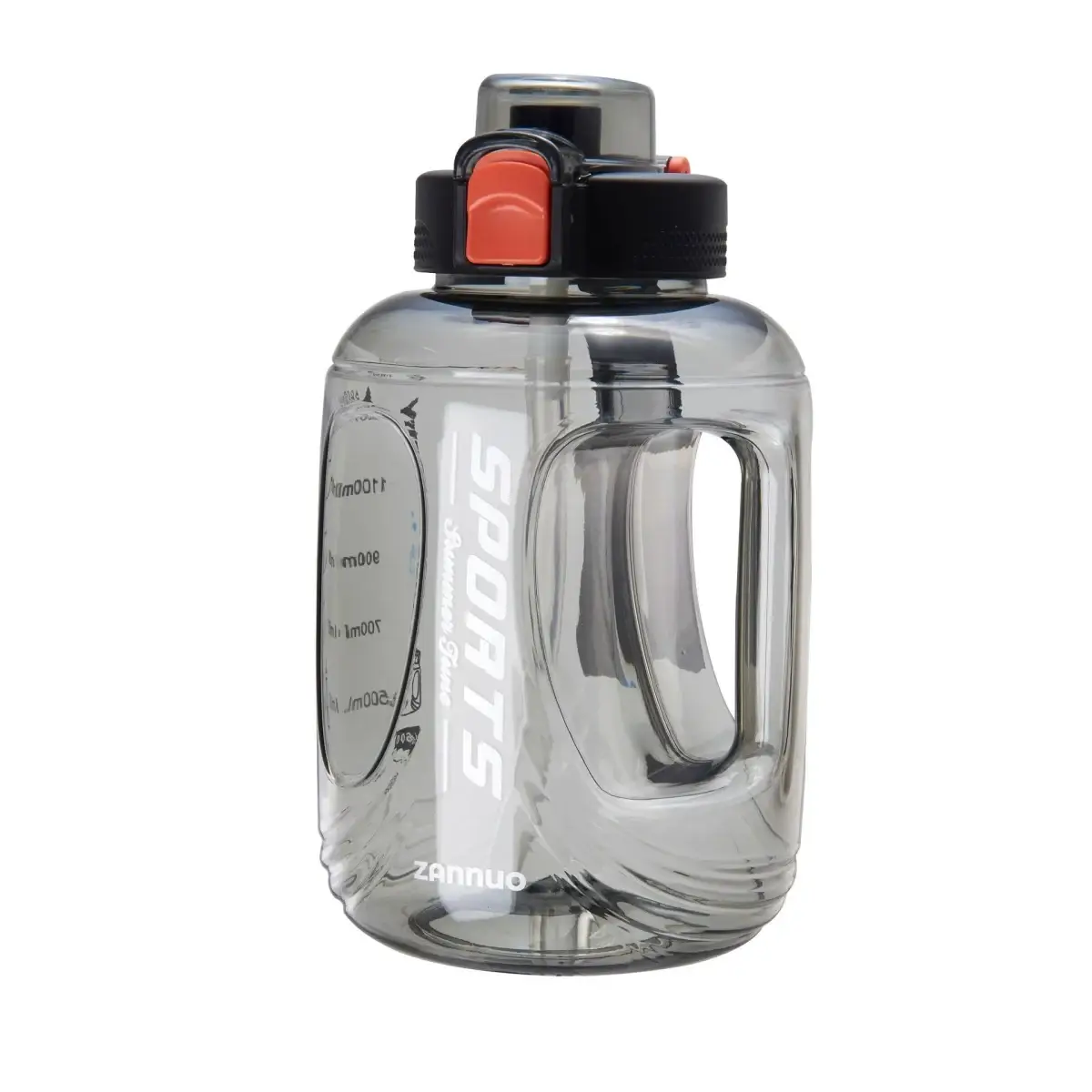 Seliya 1600ml large water bottle in smoky grey with handle and red button
