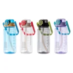 Four Seliya 900ml water bottles in blue, clear, grey and purple