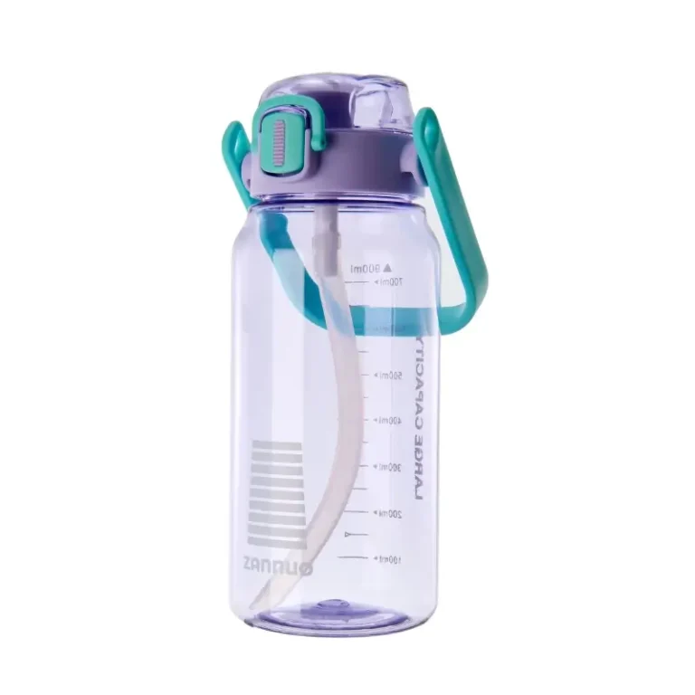 Seliya 900ml water bottle in lavender with teal handle and straw