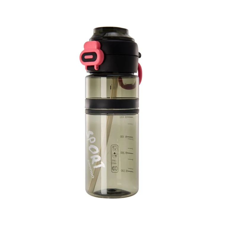 Seliya 700ml water bottle in smoky grey with black lid and pink clip