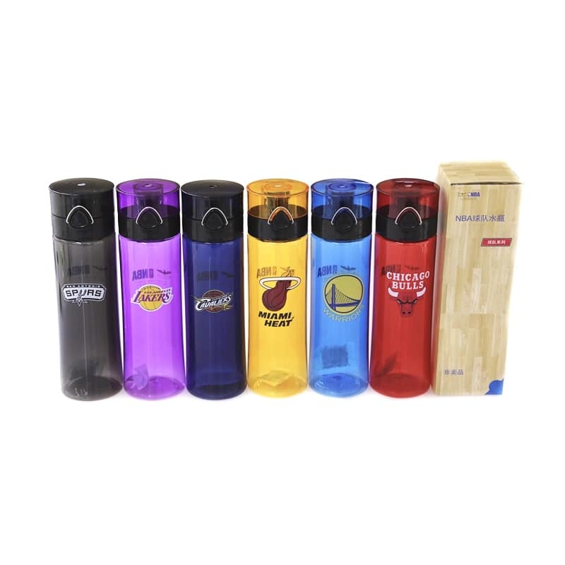 Six colorful plastic water bottles with team logos next to a retail box