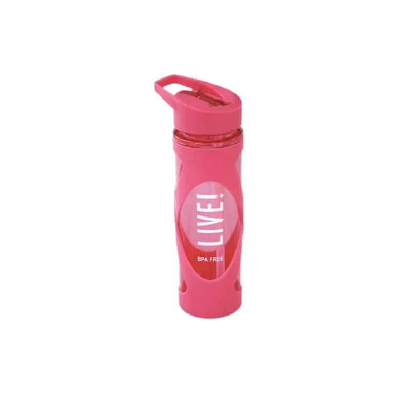 Pink BPA-free plastic water bottle with flip-up straw lid and grip sleeve