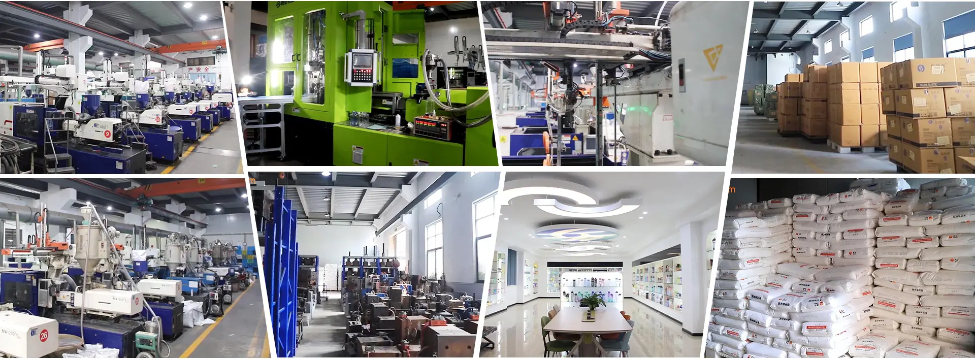 Seliya factory collage: injection molding lines, mold workshop, showroom and raw material storage