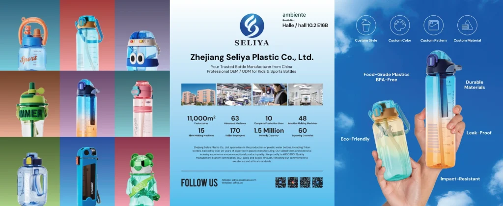 Seliya Ambiente 2026 booth poster with colorful custom plastic kids and sports water bottles